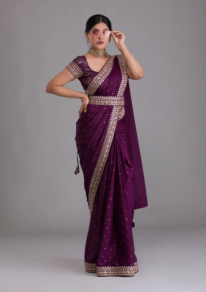 Chinnon Silk Embroidery Foil work saree with blouse with Belt