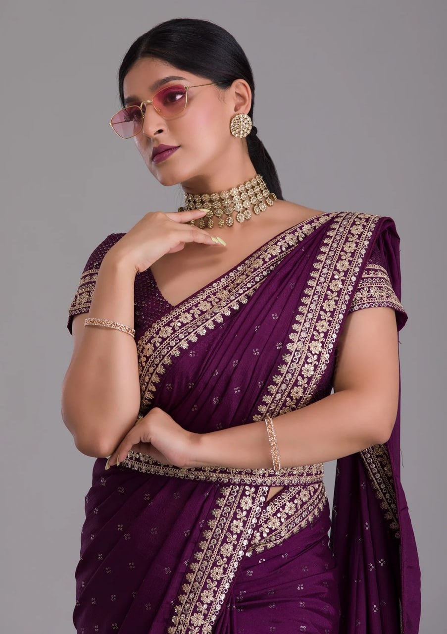 Chinnon Silk Embroidery Foil work saree with blouse with Belt