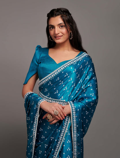 Designer Digital Print Bhandhani Saree with lace border