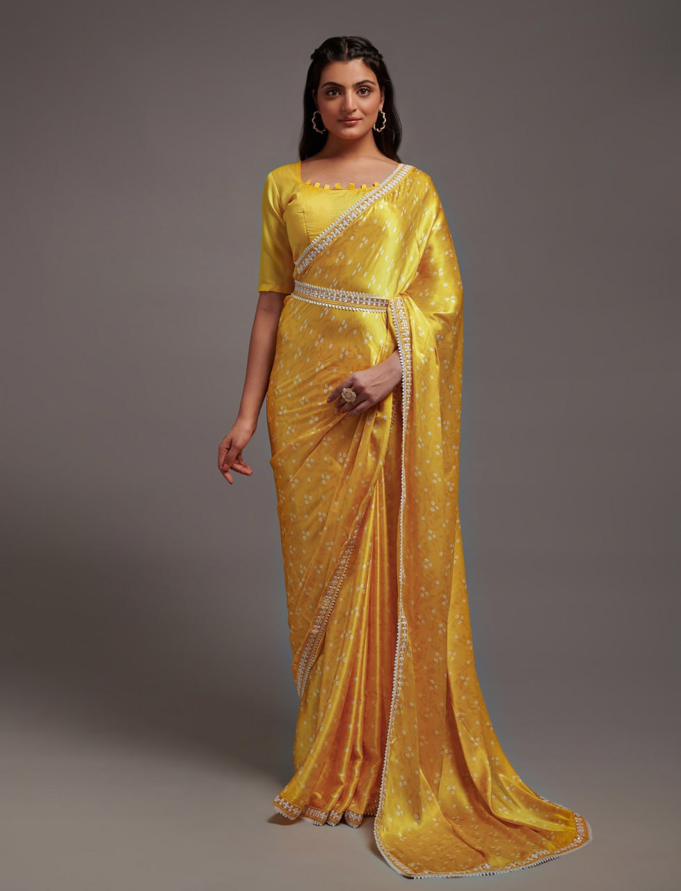 Designer Digital Print Bhandhani Saree with lace border