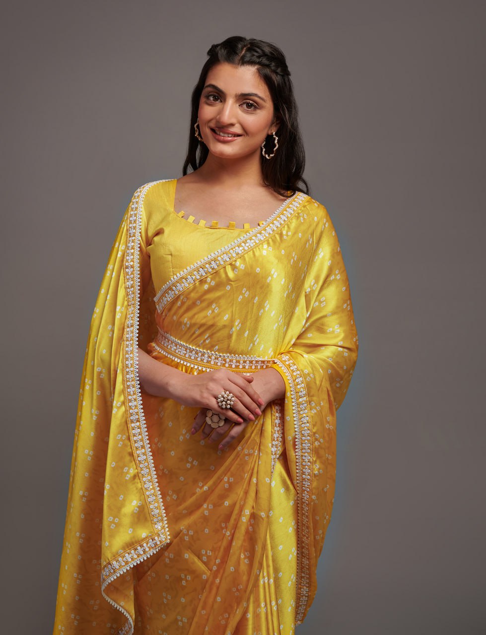 Designer Digital Print Bhandhani Saree with lace border