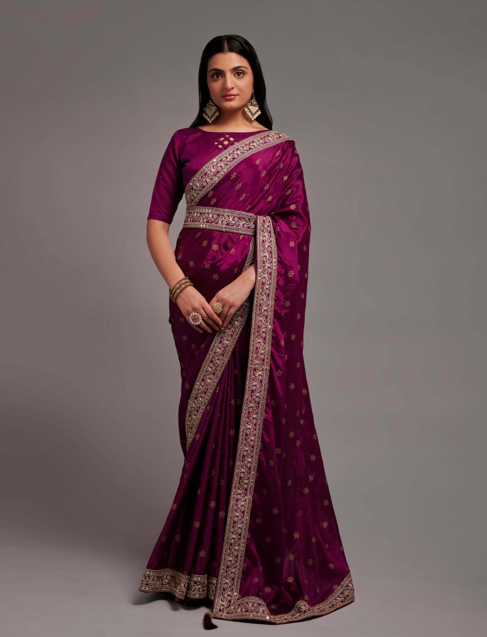 Chinon Silk Sequence Embroidered Work Saree with blouse
