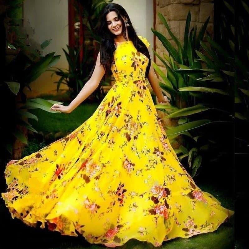 Adorable Violet Color Festive Wear Full Stitched Digital Printed Heavy Crape Gown for women