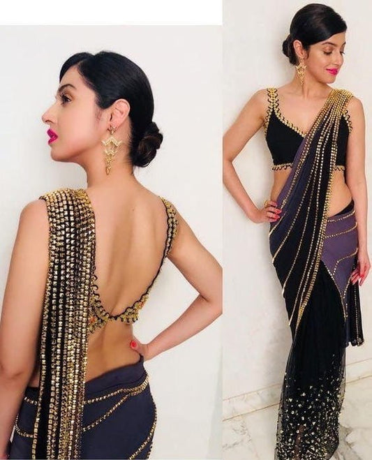 Gorgeous Peach Color Designer Georgette Sequence Ready Made Lace Stitching Work Designer Saree Blouse For Wedding Wear