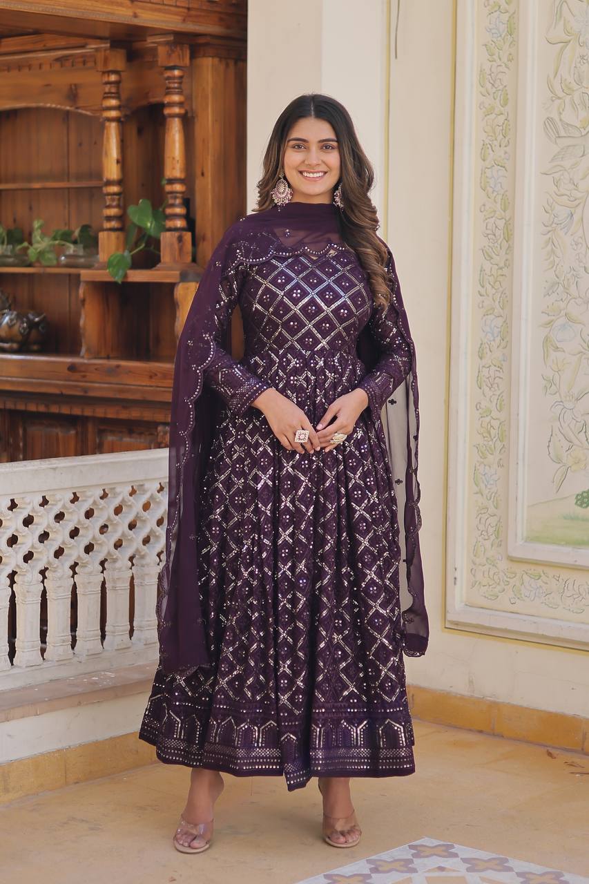 Beautiful Georgette Sequence Embroidery Work Gown With Dupatta