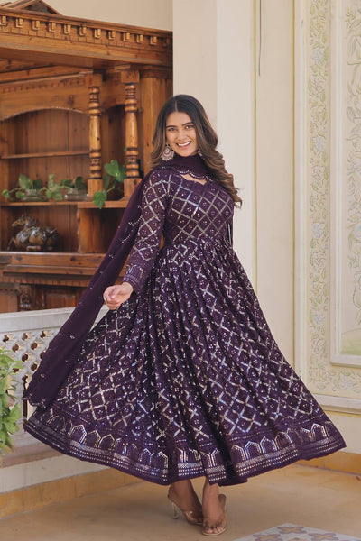 Beautiful Georgette Sequence Embroidery Work Gown With Dupatta