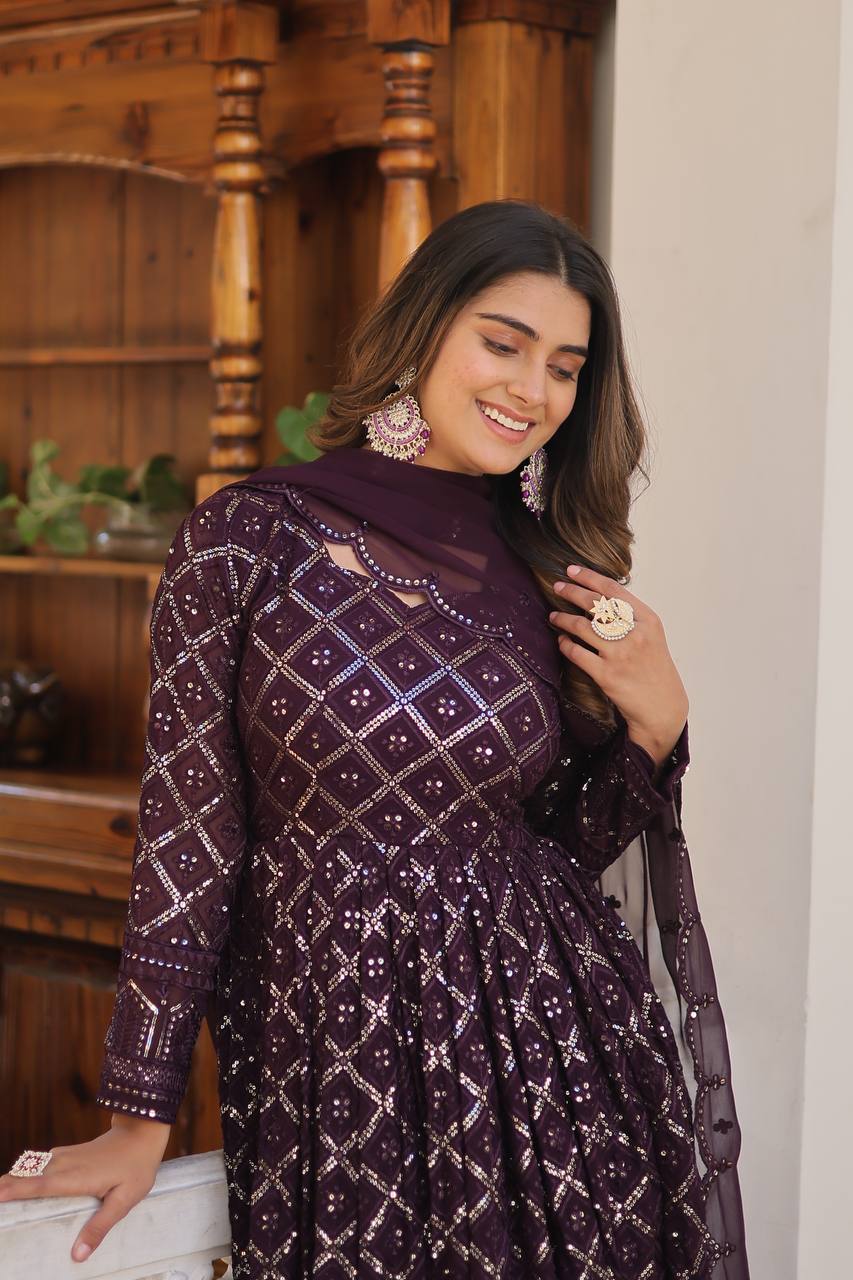 Beautiful Georgette Sequence Embroidery Work Gown With Dupatta