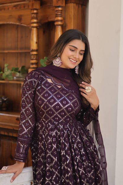 Beautiful Georgette Sequence Embroidery Work Gown With Dupatta