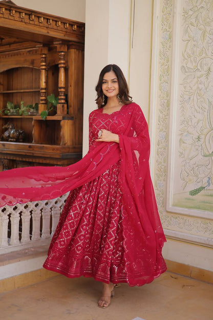 Beautiful Georgette Sequence Embroidery Work Gown With Dupatta