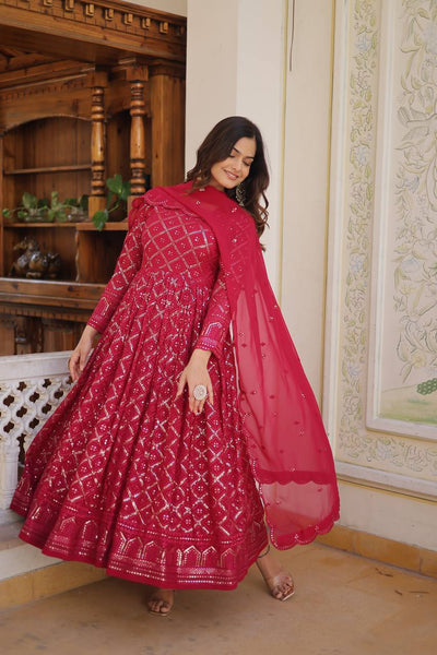 Beautiful Georgette Sequence Embroidery Work Gown With Dupatta