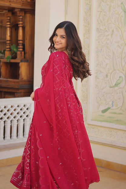 Beautiful Georgette Sequence Embroidery Work Gown With Dupatta
