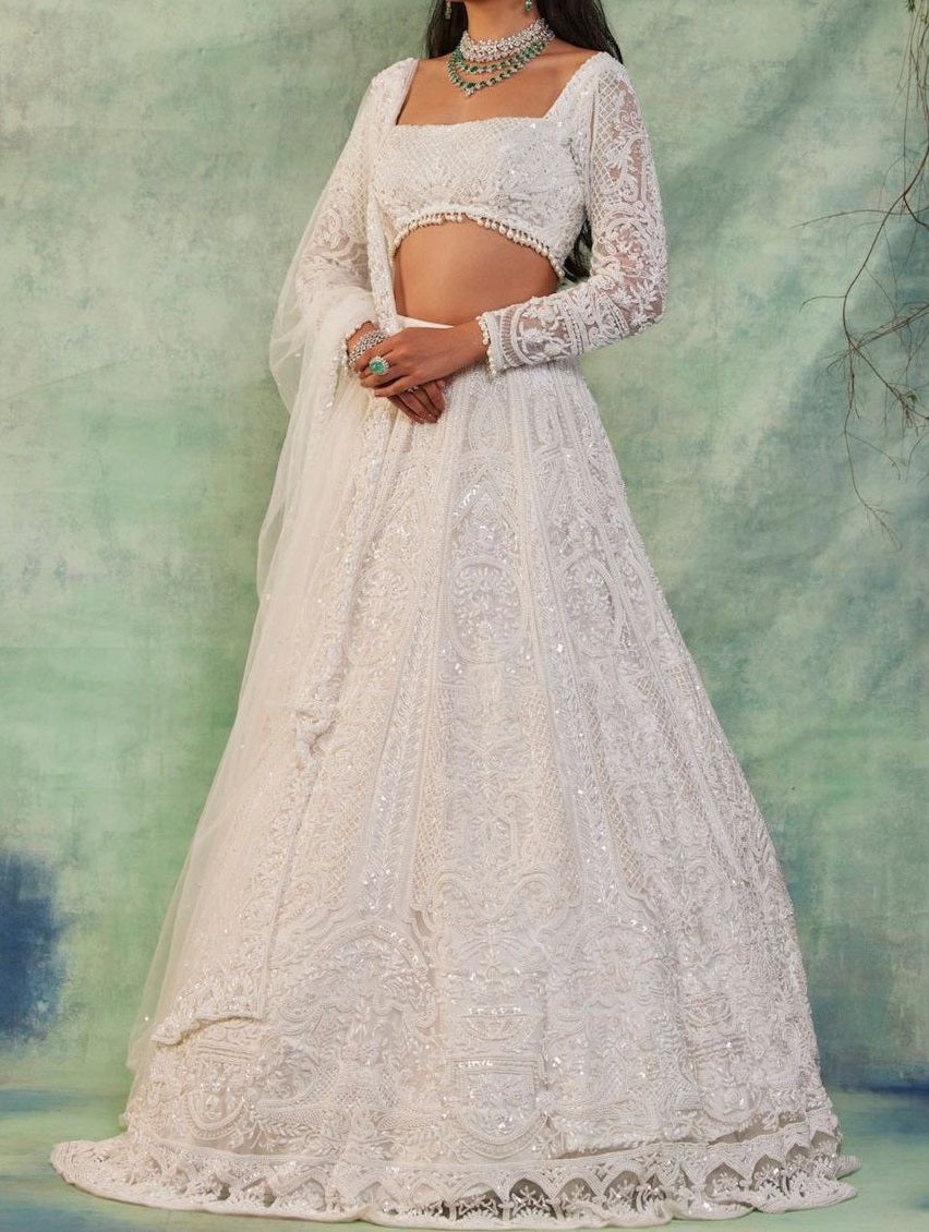 White Color Soft Net Semi Stitched Lehenga For Women