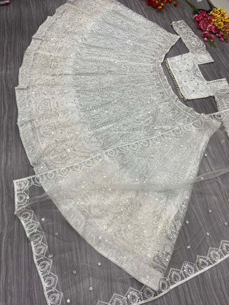 White Color Soft Net Semi Stitched Lehenga For Women