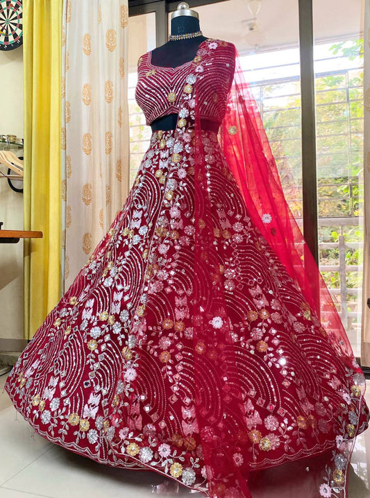Red Net Party Wear Lehenga For Women