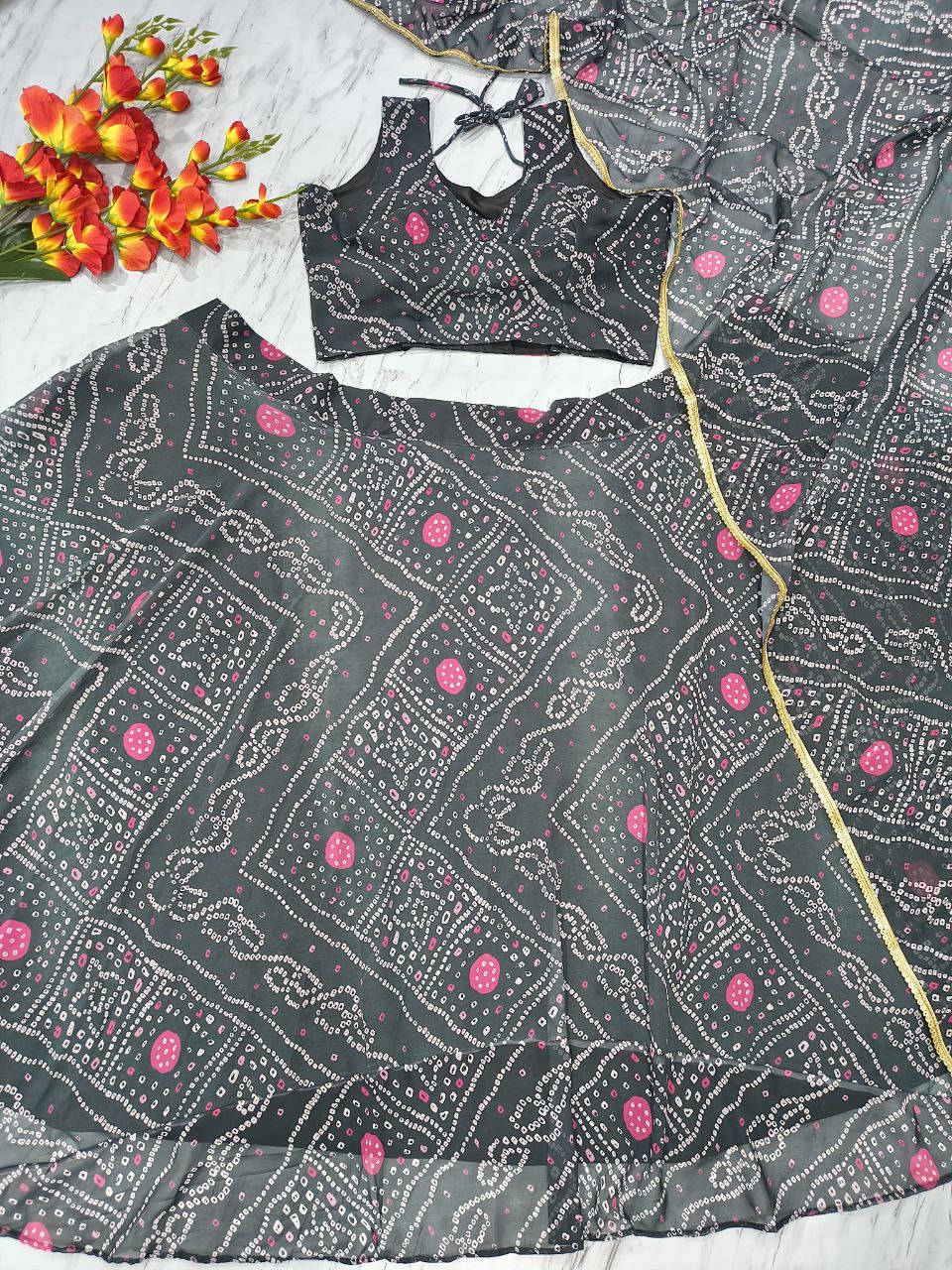 Designer Georgette Lehenga Choli with Printed Work & Lace Border Dupatta