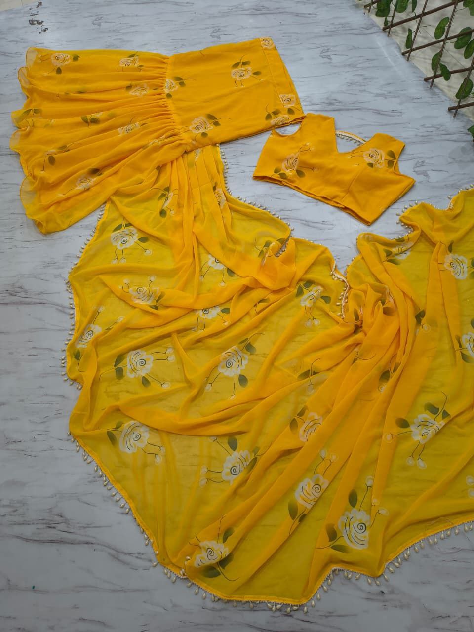 Yellow Floral Print Georgette Lehenga Saree with Pearl Lace Border