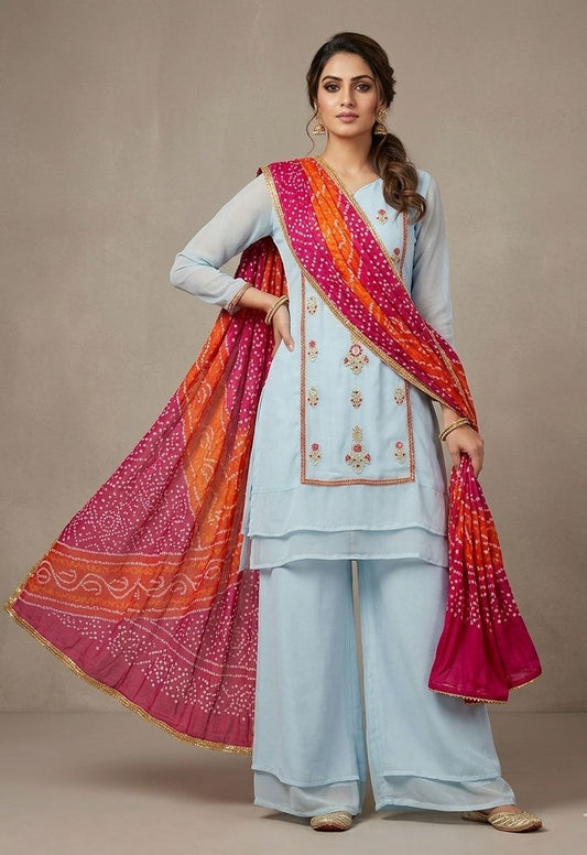 Blue Full Stitched Sharara Suit