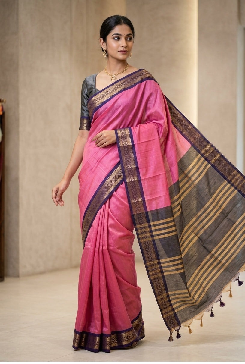 Pink blue silk saree