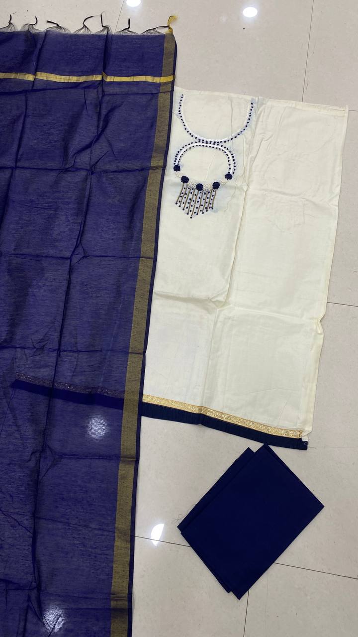 Cream color cotton dress material with dupatta
