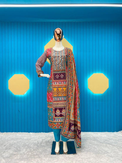 Amazing Muslin Printed Mirror Work Ready Made Salwar Suit