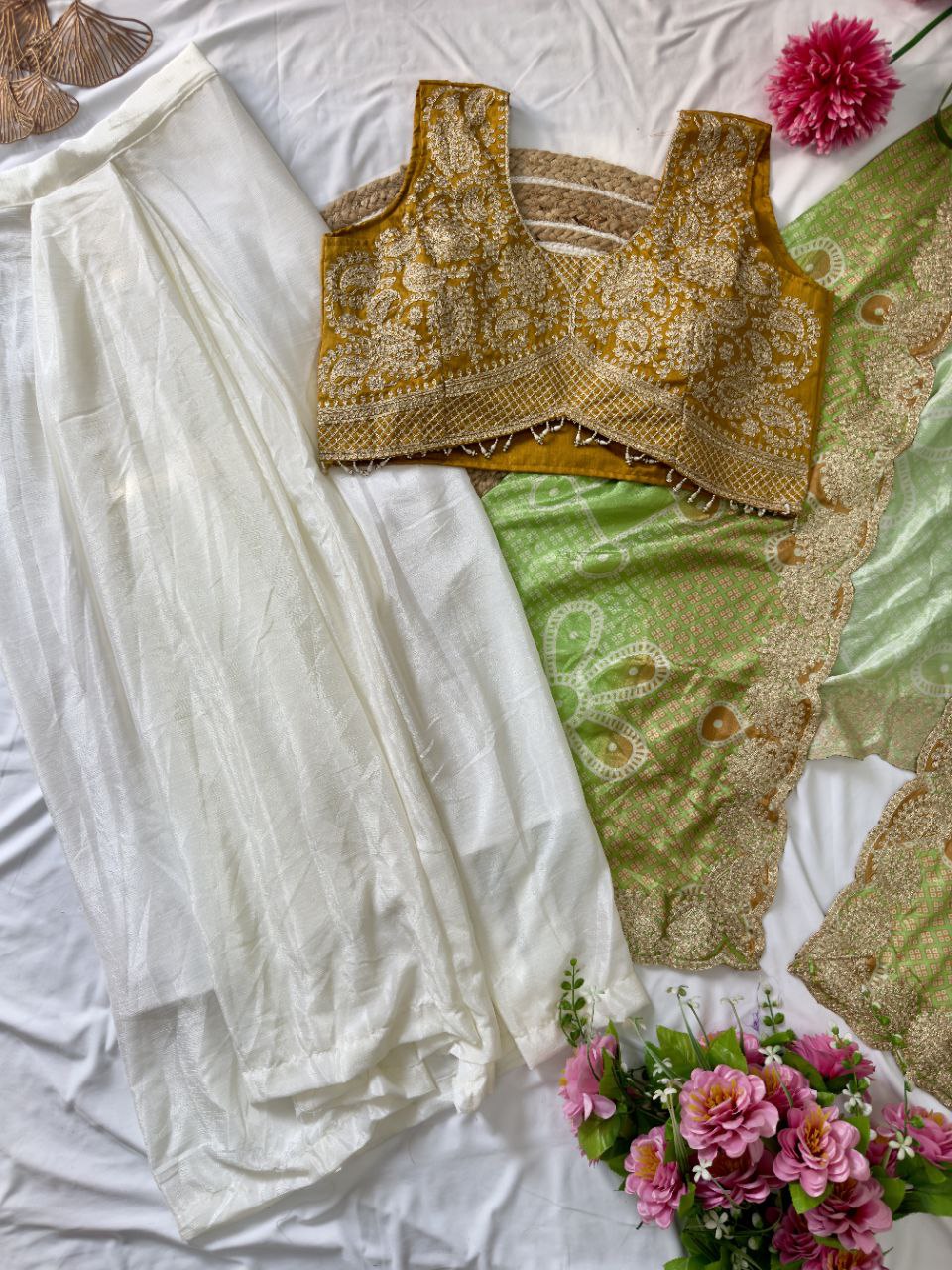 Ready to Wear Chinon Silk Multi Thread Work Indo Western Drape Saree