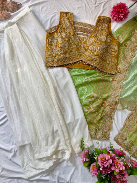 Ready to Wear Chinon Silk Multi Thread Work Indo Western Drape Saree