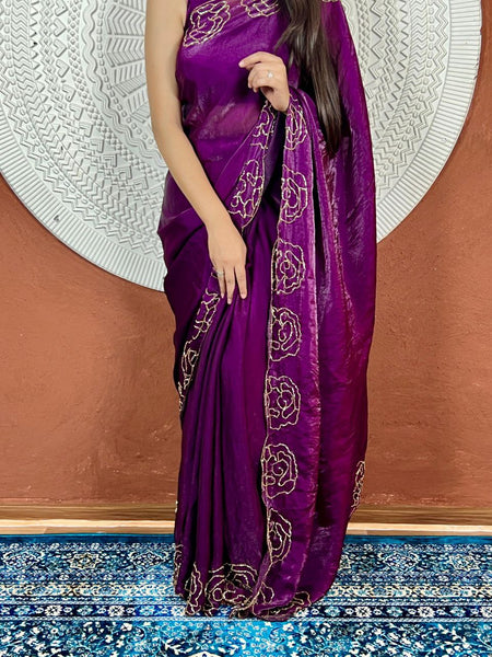 Party Wear Space Silk Cut Work Saree Blouse