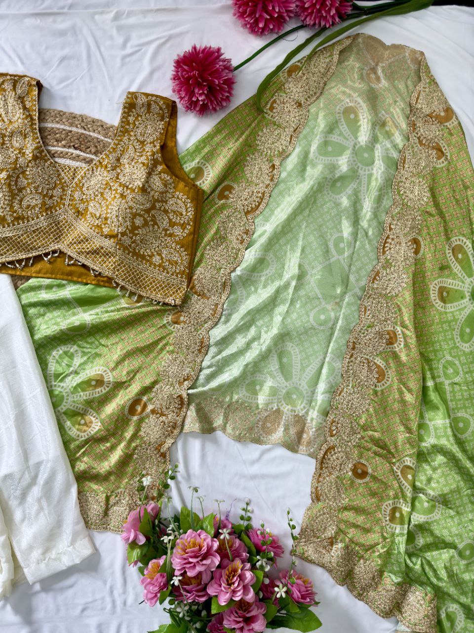 Ready to Wear Chinon Silk Multi Thread Work Indo Western Drape Saree