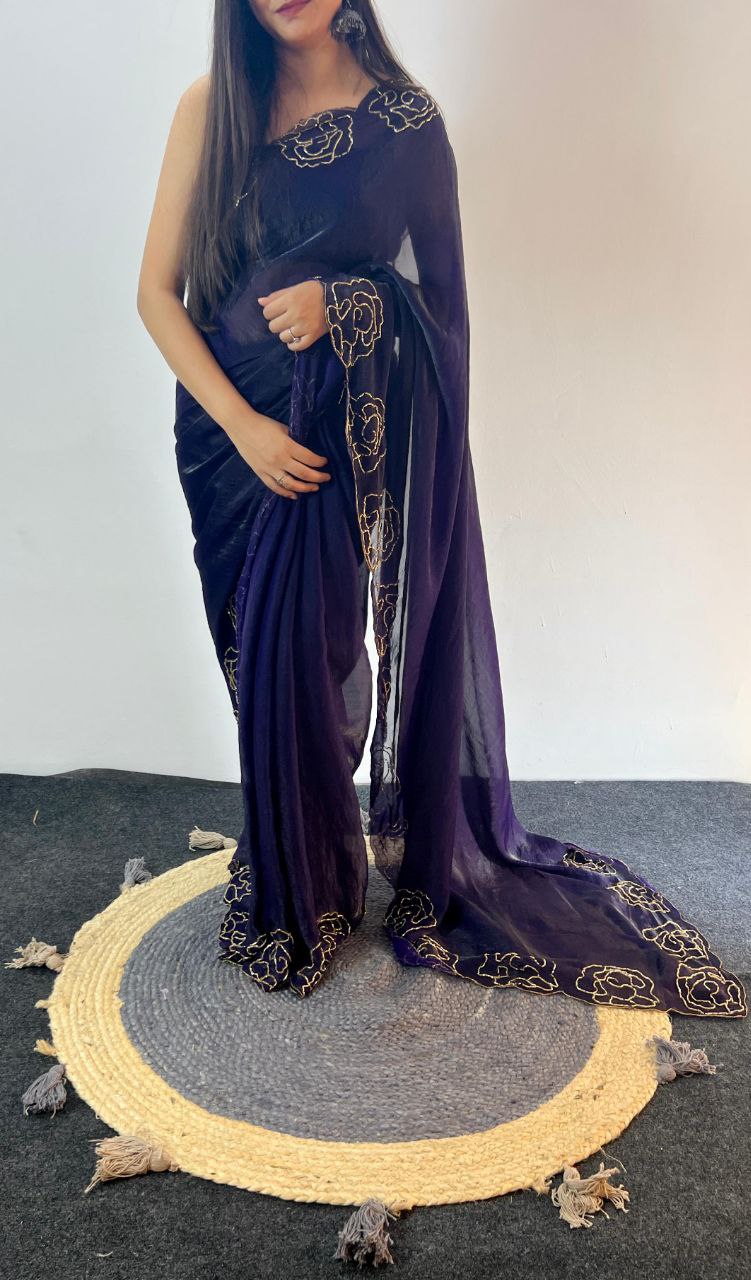 Party Wear Space Silk Cut Work Saree Blouse