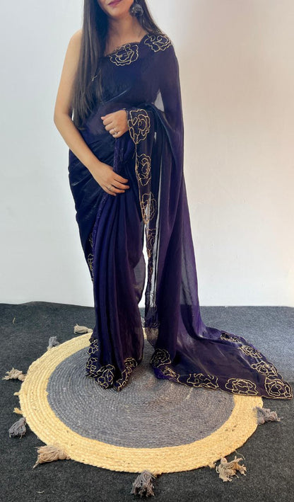 Party Wear Space Silk Cut Work Saree Blouse
