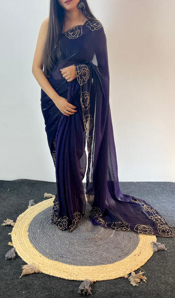 Party Wear Space Silk Cut Work Saree Blouse