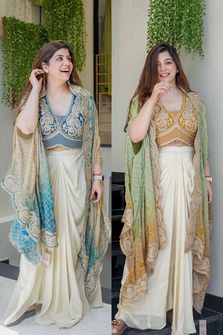 Ready to Wear Chinon Silk Multi Thread Work Indo Western Drape Saree
