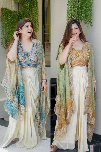 Ready to Wear Chinon Silk Multi Thread Work Indo Western Drape Saree