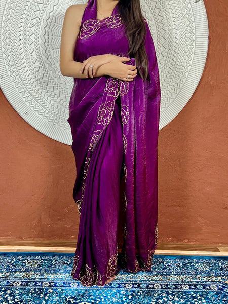 Party Wear Space Silk Cut Work Saree Blouse