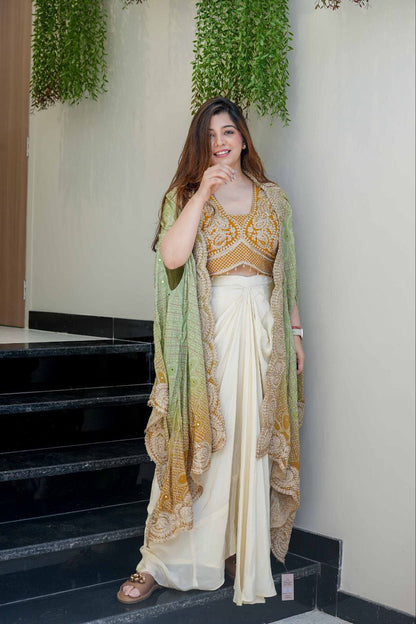 Ready to Wear Chinon Silk Multi Thread Work Indo Western Drape Saree