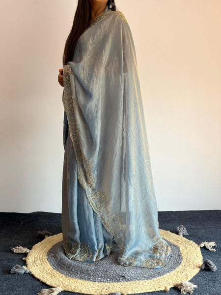 Party Wear Space Silk Cut Work Saree Blouse