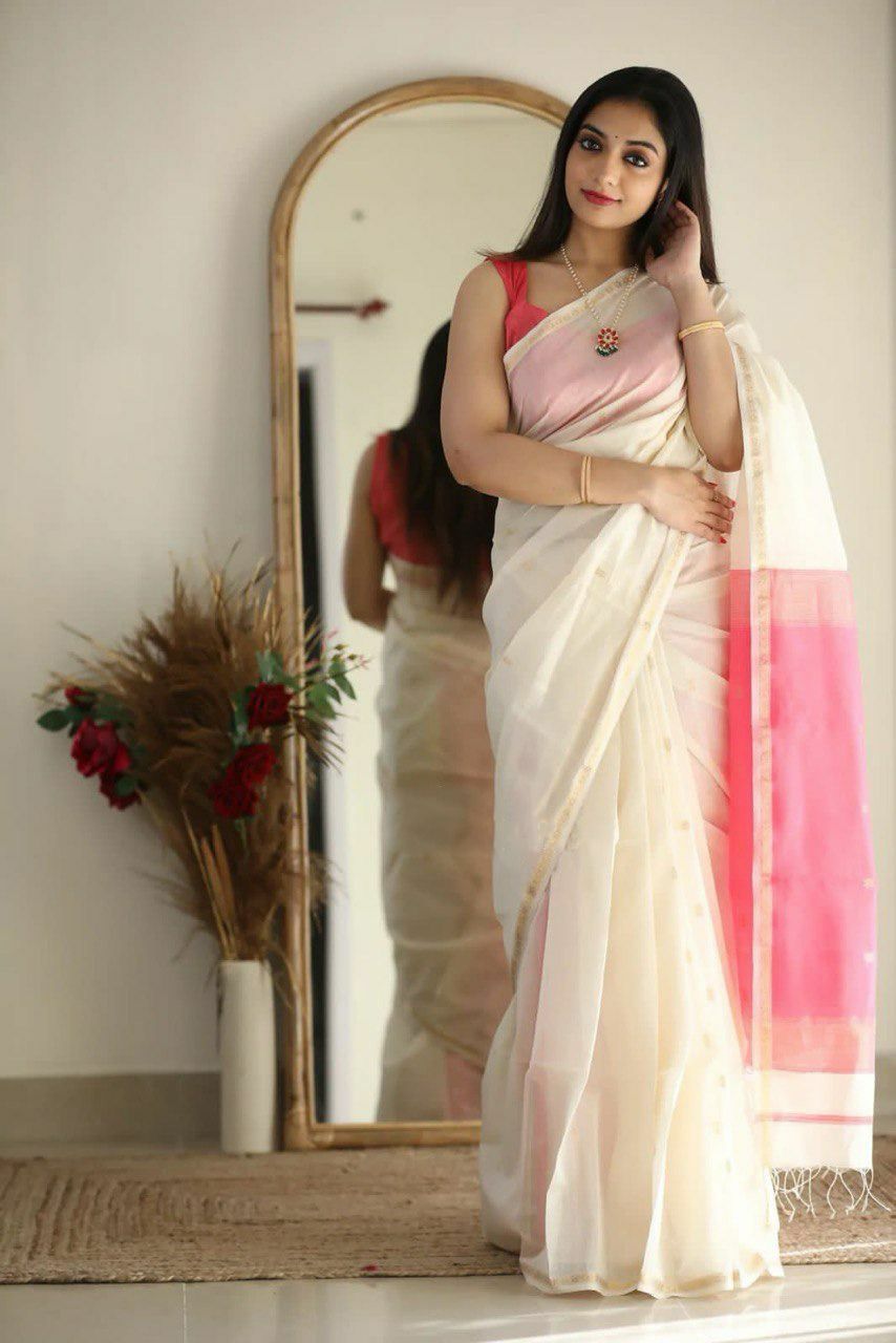 Elegant Soft Linen Slub Saree with Rich Jacquard Weave & Contrast Border Blouse