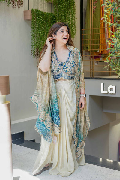 Ready to Wear Chinon Silk Multi Thread Work Indo Western Drape Saree