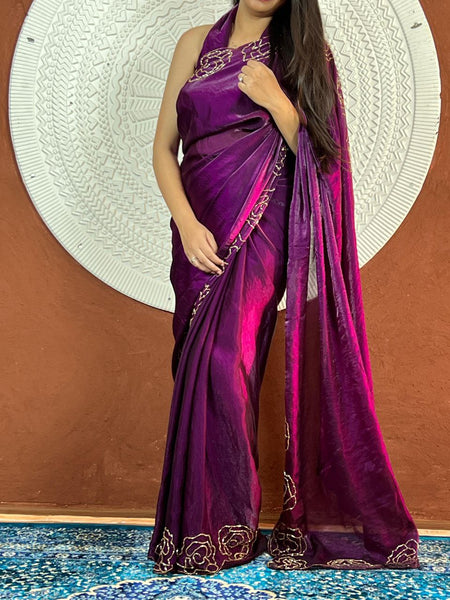 Party Wear Space Silk Cut Work Saree Blouse