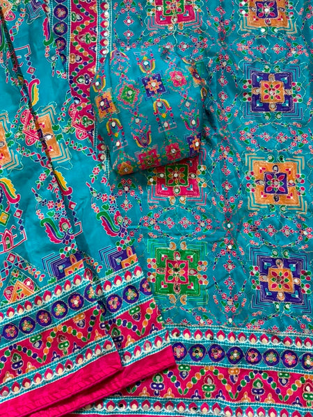 Shiny Chinnon Silk Fabric Ajarakh Print Ari Work Saree