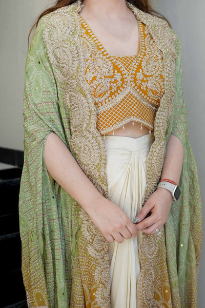 Ready to Wear Chinon Silk Multi Thread Work Indo Western Drape Saree