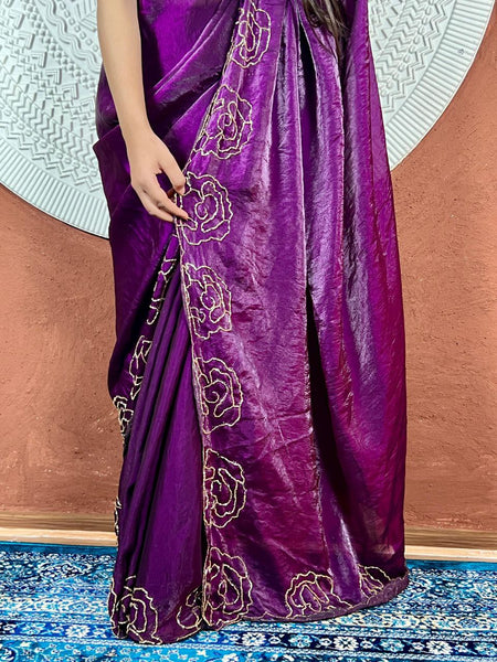 Party Wear Space Silk Cut Work Saree Blouse