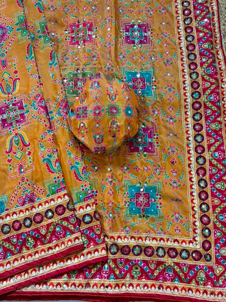Shiny Chinnon Silk Fabric Ajarakh Print Ari Work Saree