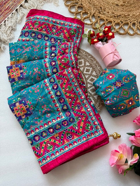 Shiny Chinnon Silk Fabric Ajarakh Print Ari Work Saree