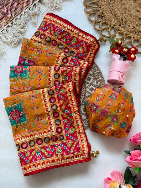 Shiny Chinnon Silk Fabric Ajarakh Print Ari Work Saree