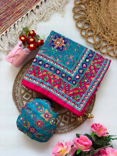 Shiny Chinnon Silk Fabric Ajarakh Print Ari Work Saree