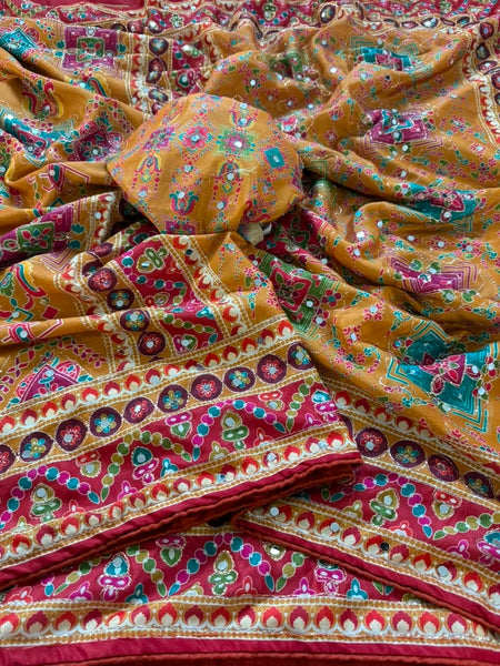 Shiny Chinnon Silk Fabric Ajarakh Print Ari Work Saree