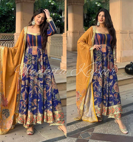 Designer Party Wear Look Digital Print Anarkali Suit With Embroidery Sequence Work With Bottom and Dupatta