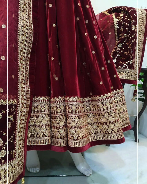 Beautiful Designer Velvet Gown And Dupatta  with thread and Sequence work