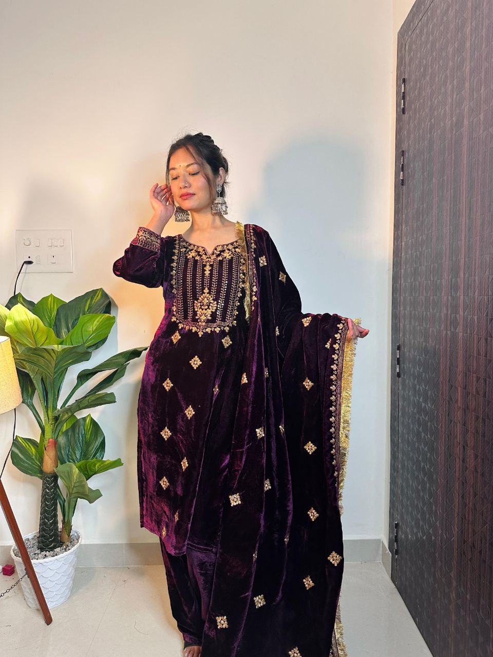 Beautiful Wine Color Heavy Velvet Thread Sequence Work Salwar Suit